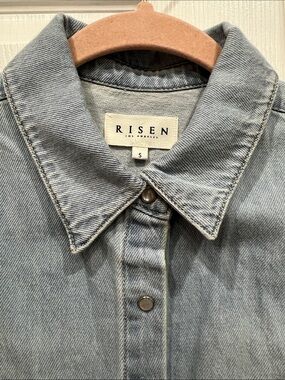 Puff Sleeve Light Blue Denim Button-Down Shirt